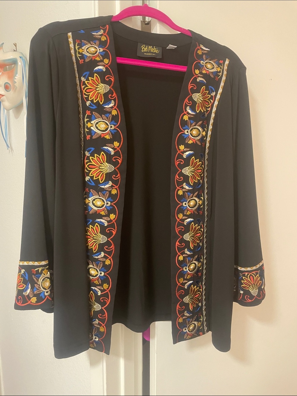 Beautiful Bob Mackie Black Open-Front Jacket with Multicolor Floral Embroidery L